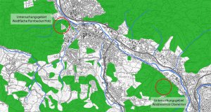 Lage der beiden Untersuchungsflächen zur Verbreitung der Schriftflechte im Rumbecker Holz und im Waldreservat Obereimer nahe des Jugend-Waldheims. Beide Flächen liegen in der Laubwaldzone auf der Nord-Ost-Abdachung zum Ruhrtal.