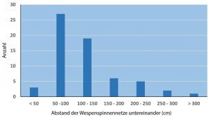 Abstand der Wespenspinnennetze untereinander in der Ruhraue 1998, Mittelwert 124 cm